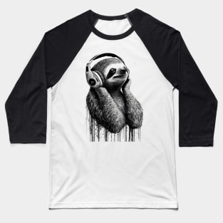 Sloth Painting Wearing Headphones in Black and White Baseball T-Shirt